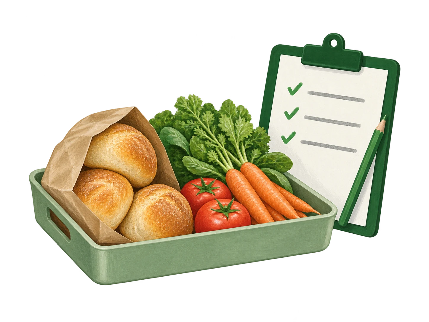Illustrated tray of surplus bread and vegetables beside a green record clipboard.