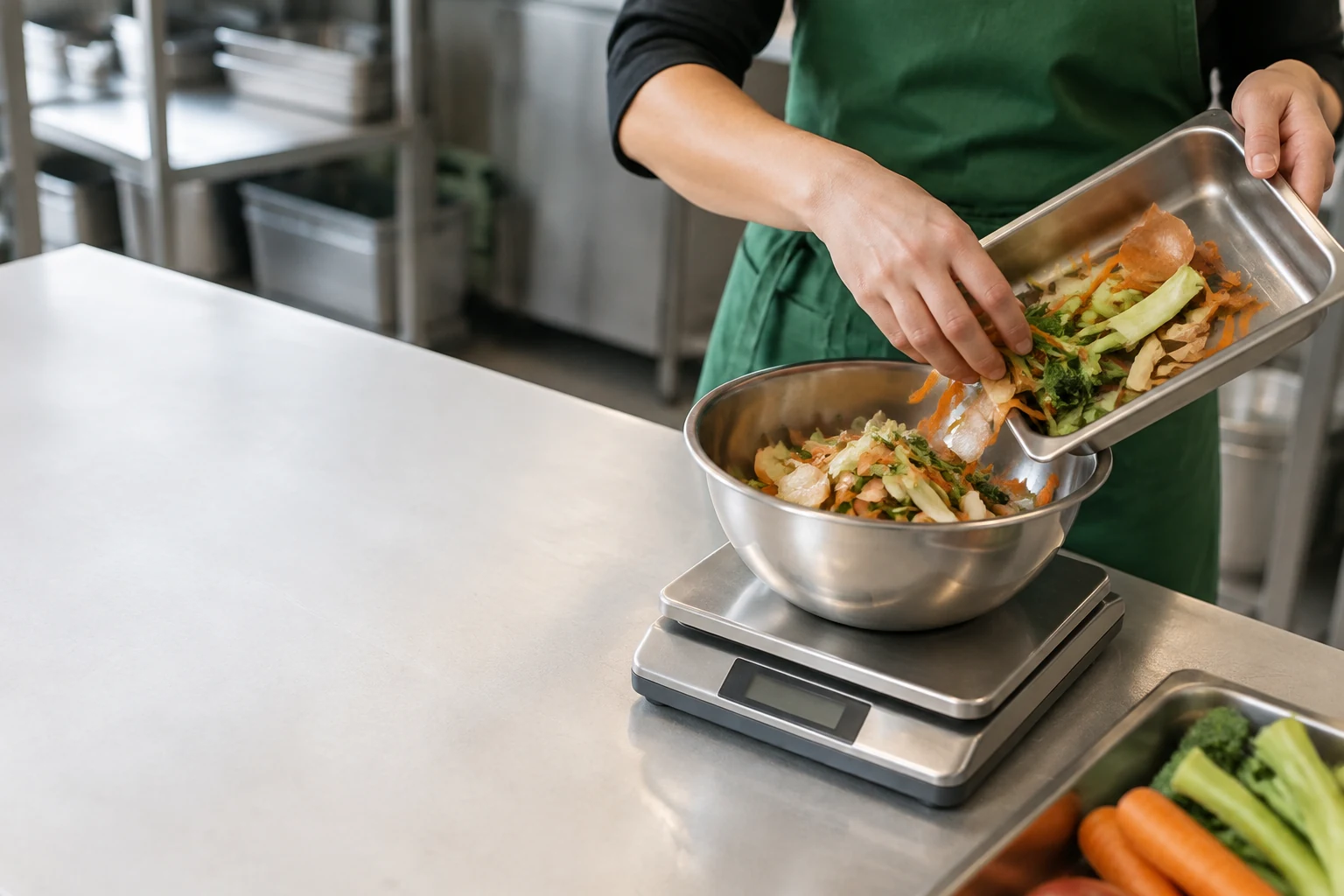 Illustrative photograph of vegetable trimmings being weighed on a kitchen scale.