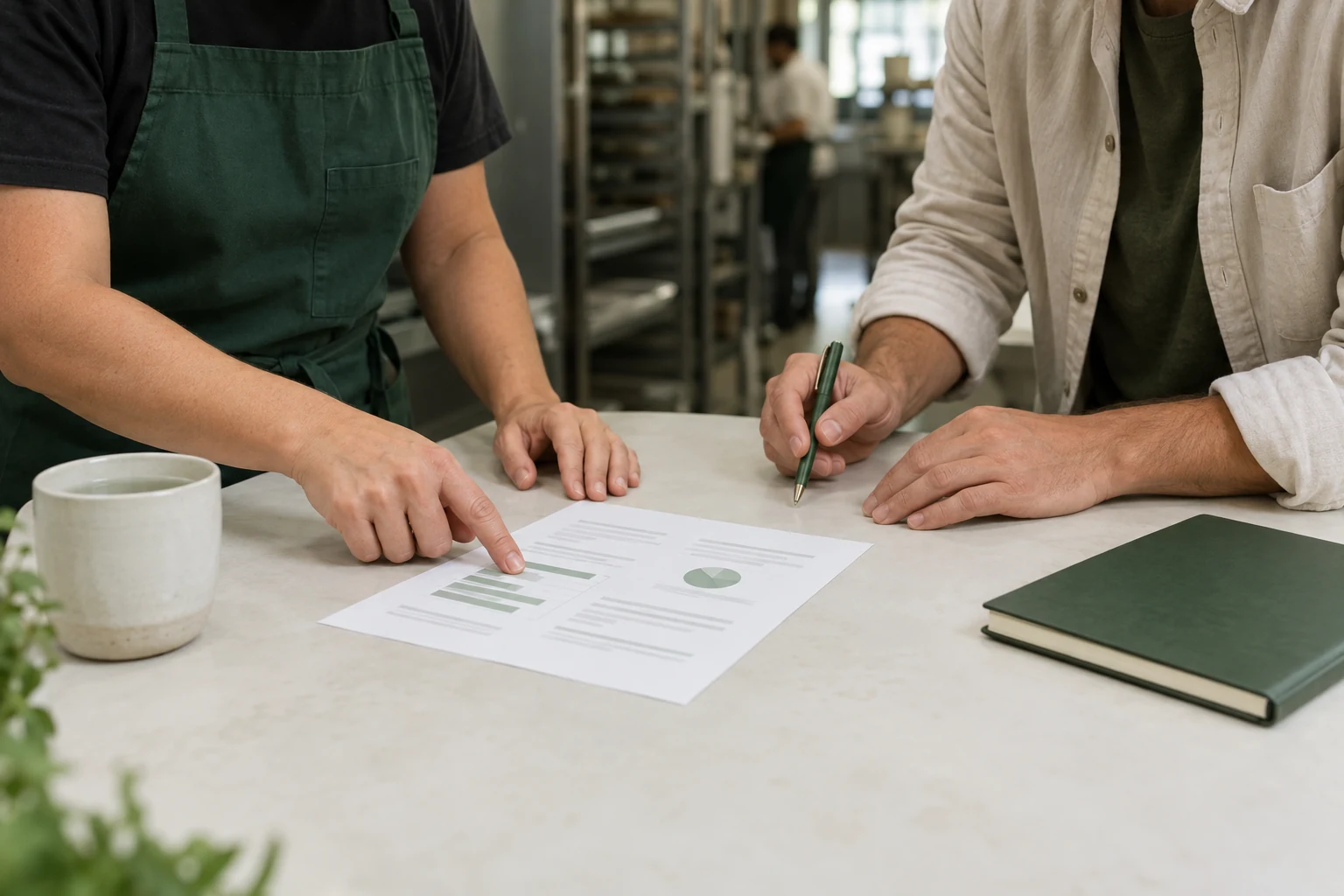 Illustrative photograph of colleagues reviewing a printed report together.